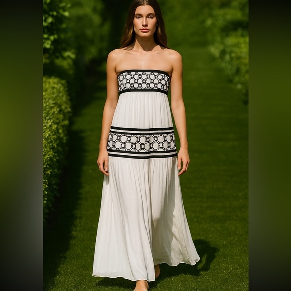 Tory Burch Christie Strapless Maxi Dress Size 4 White Black Silk Runway NWT